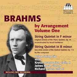 Brahms by Arrangement, Volume One: String Quintet in F minor / String Quintet in B minor by Brahms ,   Anssi Karttunen ;   Zebra Trio ,   Krysia Osostowicz ,   James Boyd ,   Richard Lester